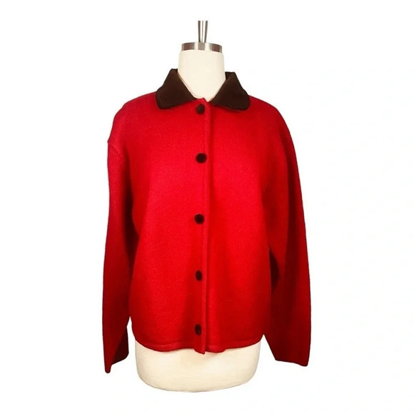 Herman Geist Vintage Red Wool Jacket Blazer Black Velvet Detail Women Size Large - Picture 1 of 6